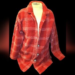 Vtg 90s NY & Co red white plaid teddy fleece blanket flannel shacket L/XL NWOT